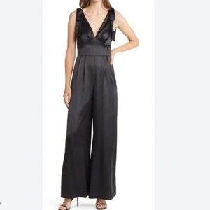 Eliza J Black Satin V-Neck Wide-Leg Jumpsuit with Bow Straps